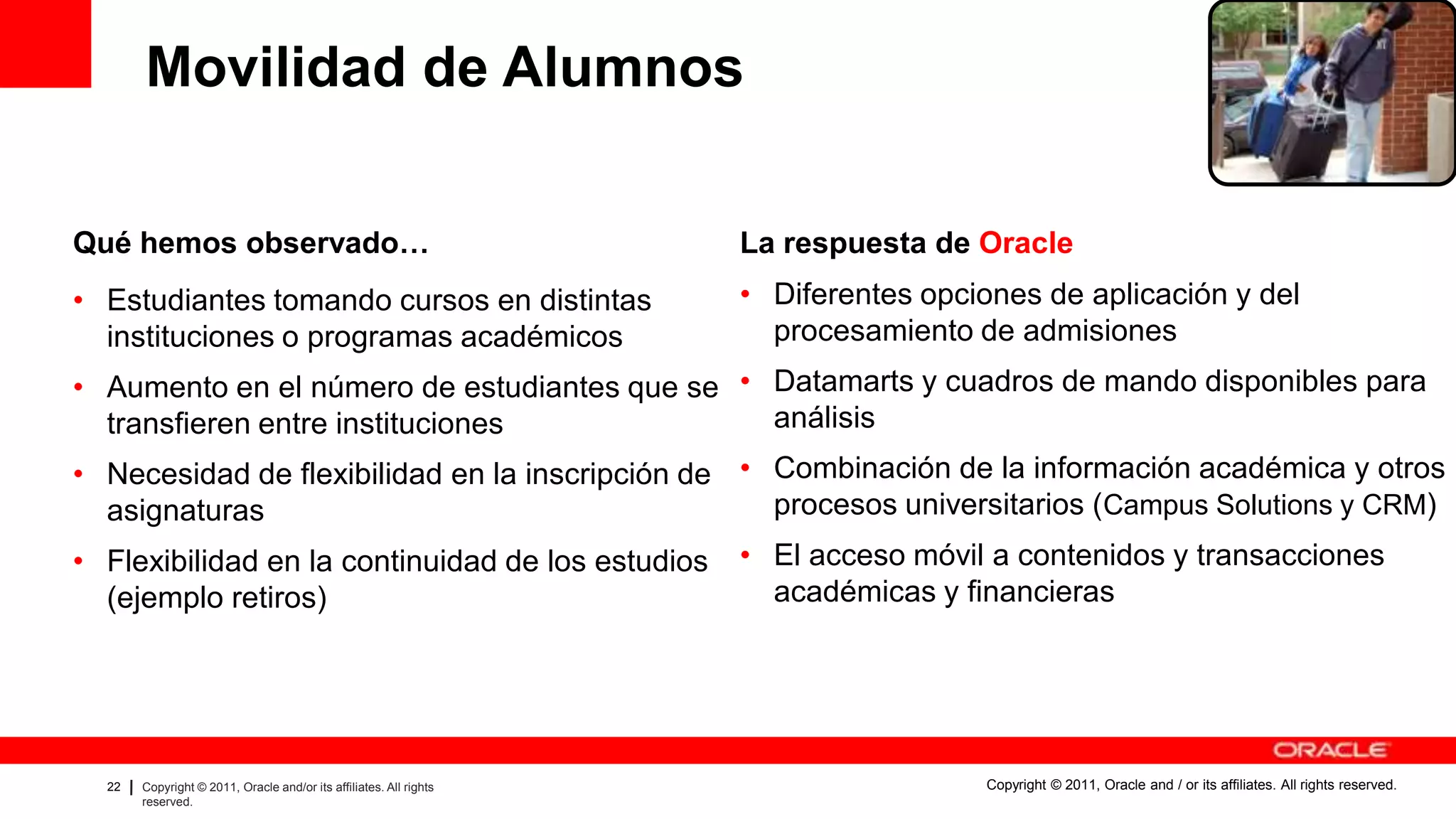Movilidad de Alumnos

Qué hemos observado…                                                                                             La respuesta de Oracle
• Estudiantes tomando cursos en distintas                                                                        • Diferentes opciones de aplicación y del
  instituciones o programas académicos                                                                             procesamiento de admisiones
• Aumento en el número de estudiantes que se • Datamarts y cuadros de mando disponibles para
  transfieren entre instituciones                  análisis
• Necesidad de flexibilidad en la inscripción de • Combinación de la información académica y otros
  asignaturas                                      procesos universitarios (Campus Solutions y CRM)
• Flexibilidad en la continuidad de los estudios • El acceso móvil a contenidos y transacciones
  (ejemplo retiros)                                académicas y financieras




  22   Copyright © 2011, Oracle and/or its affiliates. All rights   Insert Information Protection Policy Classification from Slide 8   Copyright © 2011, Oracle and / or its affiliates. All rights reserved.
       reserved.
 