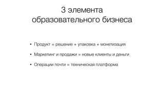 3 элемента
образовательного бизнеса
• Продукт = решение + упаковка + монетизация
• Маркетинг и продажи = новые клиенты и деньги
• Операции почти = техническая платформа
 