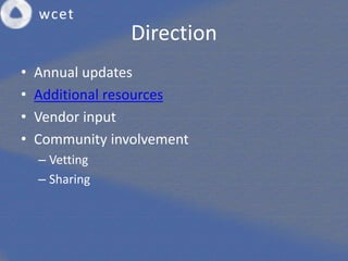 Direction
• Annual updates
• Additional resources
• Vendor input
• Community involvement
– Vetting
– Sharing
 