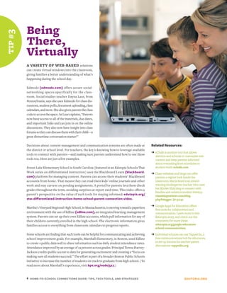 Being
tip # 3


          There,
          Virtually
          A VARIETY OF WEB-BASED solutions
          can create virtual windows into the classroom,
          giving families a better understanding of what’s
          happening during the school day.

          Edmodo (edmodo.com) offers secure social-
          networking spaces specifically for the class-
          room. Social studies teacher Dayna Laur, from
          Pennsylvania, says she uses Edmodo for class dis-
          cussions, student polls, document uploading, class
          calendars, and more. She also gives parents the class
          code to access the space. As Laur explains, “Parents
          now have access to all of the materials, due dates,
          and important links and can join in on the online
          discussions. They also now have insight into class
          forums so they can discuss them with their child—a
          great dinnertime conversation starter!”

          Decisions about content-management and communication systems are often made at              Related Resources:
          the district or school level. For teachers, the key is knowing how to leverage available
                                                                                                      ➔ eChalk is another tool that allows
          tools to connect with parents—and making sure parents understand how to use these
                                                                                                         districts and schools to customize web
          tools too. Here are just a few examples.                                                       content and keep parents informed
                                                                                                         about everything from schedules to
          Forest Lake Elementary School in South Carolina (featured in an Edutopia Schools That          student work: echalk.com
          Work series on differentiated instruction) uses the Blackboard Learn (blackboard.           ➔ Class websites and blogs can offer
          com) platform for managing content. Parents can access their students’ Blackboard              parents a regular look inside the
          accounts from home. That means they can read their kids’ online journals and other             classroom. Maria Knee is an award-
          work and stay current on pending assignments. A portal for parents lets them check             winning kindergarten teacher who uses
          grades throughout the term, avoiding surprises at report card time. This video offers a        her Kinder Kids blog to connect with
                                                                                                         families and enhance student literacy:
          parent’s perspective on the value of such tools for staying informed: edutopia.org/            classblogmeister.com/blog.
          stw-differentiated-instruction-home-school-parent-connection-video.                            php?blogger_id=51141

                                                                                                      ➔ Google Apps for Education offers
          Martha’s Vineyard Regional High School, in Massachusetts, is moving toward a paperless
                                                                                                         free tools for collaboration and
          environment with the use of Edline (edline.com), an integrated learning-management             communication. Learn more in this
          system. Parents can set up their own Edline accounts, which pull information for any of        Edutopia story, and check out the
          their children currently enrolled in the high school. The electronic information gives         comments for more ideas:
          families access to everything from classroom calendars to progress reports.                    edutopia.org/google-educators-
                                                                                                         school-communication

          Some schools are finding that such tools can be helpful for communicating and achieving     ➔ Individual schools can use Tapped In, a
          school-improvement goals. For example, Marshall Elementary, in Boston, used Edline             free communications hub for educators,
          to create a public data wall to share information such as daily student attendance rates.      to set up forums for teacher-parent
                                                                                                         discussions: tappedin.org
          Attendance improved by an average of 19 percent across grades. Principal Teresa Harvey-
          Jackson credits public access to data for generating excitement and creating a “focus on
          making sure all students succeed.” The effort is part of a broader Boston Public Schools
          initiative to increase the number of students on track to graduate from high school. (To
          read more about Marshall’s experience, visit bpe.org/node/527.)


          6 HOME-TO-SCHOOL CONNECTIONS GUIDE: TIPS, TECH TOOLS, AND STRATEGIES                                                  EDUTOPIA.ORG
 