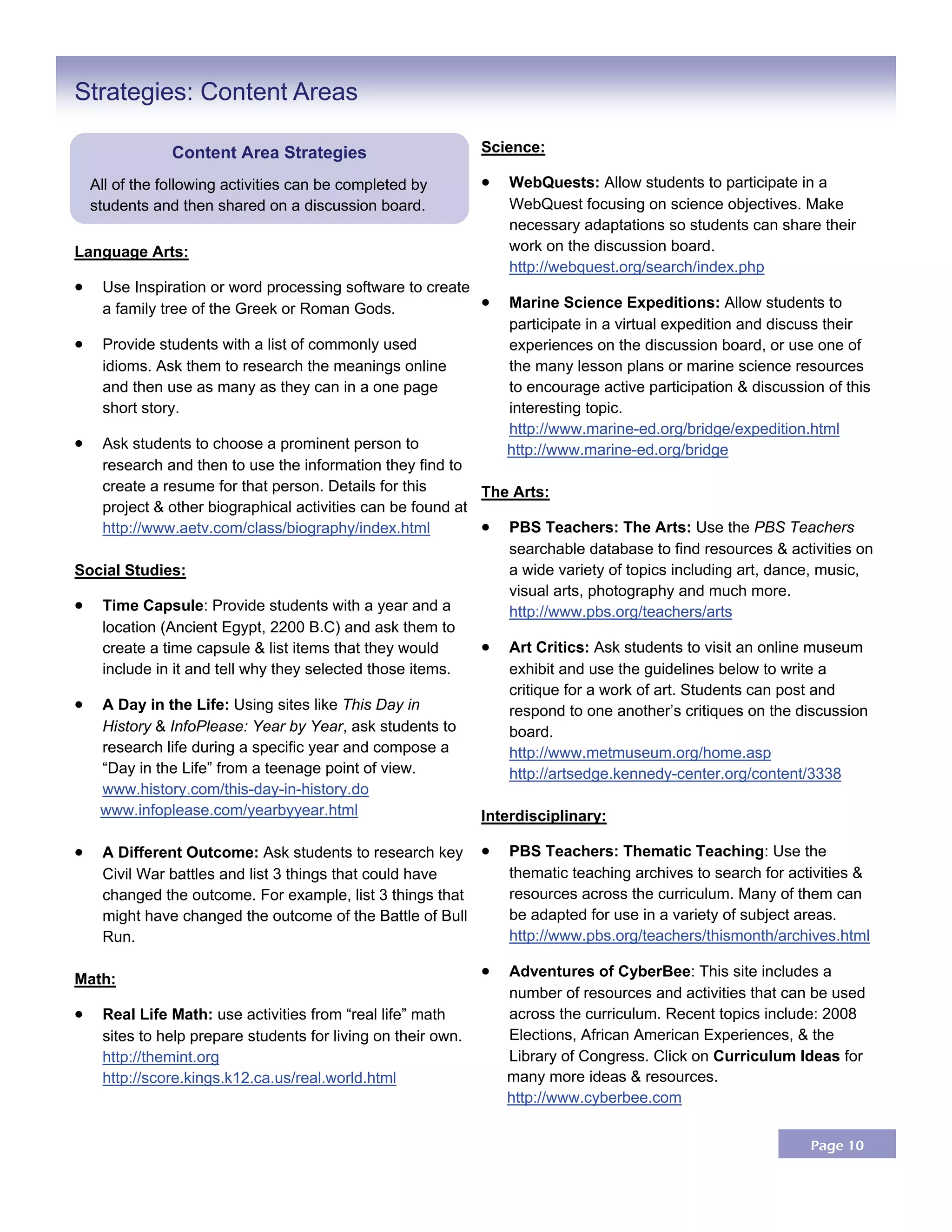 Page 10
Language Arts:
 Use Inspiration or word processing software to create
a family tree of the Greek or Roman Gods.
 Provide students with a list of commonly used
idioms. Ask them to research the meanings online
and then use as many as they can in a one page
short story.
 Ask students to choose a prominent person to
research and then to use the information they find to
create a resume for that person. Details for this
project & other biographical activities can be found at
http://www.aetv.com/class/biography/index.html
Social Studies:
 Time Capsule: Provide students with a year and a
location (Ancient Egypt, 2200 B.C) and ask them to
create a time capsule & list items that they would
include in it and tell why they selected those items.
 A Day in the Life: Using sites like This Day in
History & InfoPlease: Year by Year, ask students to
research life during a specific year and compose a
“Day in the Life” from a teenage point of view.
www.history.com/this-day-in-history.do
www.infoplease.com/yearbyyear.html
 A Different Outcome: Ask students to research key
Civil War battles and list 3 things that could have
changed the outcome. For example, list 3 things that
might have changed the outcome of the Battle of Bull
Run.
Math:
 Real Life Math: use activities from “real life” math
sites to help prepare students for living on their own.
http://themint.org
http://score.kings.k12.ca.us/real.world.html
Science:
 WebQuests: Allow students to participate in a
WebQuest focusing on science objectives. Make
necessary adaptations so students can share their
work on the discussion board.
http://webquest.org/search/index.php
 Marine Science Expeditions: Allow students to
participate in a virtual expedition and discuss their
experiences on the discussion board, or use one of
the many lesson plans or marine science resources
to encourage active participation & discussion of this
interesting topic.
http://www.marine-ed.org/bridge/expedition.html
http://www.marine-ed.org/bridge
The Arts:
 PBS Teachers: The Arts: Use the PBS Teachers
searchable database to find resources & activities on
a wide variety of topics including art, dance, music,
visual arts, photography and much more.
http://www.pbs.org/teachers/arts
 Art Critics: Ask students to visit an online museum
exhibit and use the guidelines below to write a
critique for a work of art. Students can post and
respond to one another’s critiques on the discussion
board.
http://www.metmuseum.org/home.asp
http://artsedge.kennedy-center.org/content/3338
Interdisciplinary:
 PBS Teachers: Thematic Teaching: Use the
thematic teaching archives to search for activities &
resources across the curriculum. Many of them can
be adapted for use in a variety of subject areas.
http://www.pbs.org/teachers/thismonth/archives.html
 Adventures of CyberBee: This site includes a
number of resources and activities that can be used
across the curriculum. Recent topics include: 2008
Elections, African American Experiences, & the
Library of Congress. Click on Curriculum Ideas for
many more ideas & resources.
http://www.cyberbee.com
Strategies: Content Areas
Content Area Strategies
All of the following activities can be completed by
students and then shared on a discussion board.
 