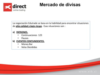 Mercado de divisas
La negociación Edutrade se basa en la habilidad para encontrar situaciones
de alta calidad y bajo riesgo. Esas situaciones son :
a) PATRONES.
• Continuaciones 123
• Pausas
b) EVENTOS CONTUNDENTES.
• Money Bar
• Velas Decididas
 