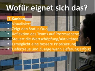Wofür eignet sich das?
IT-Kanban
▪ Visualisiert
▪ Zeigt den Status Quo
▪ Reflektion des Teams auf Prozessebene
▪ Steuert die Wertschöpfung/Aktivitäten
▪ Ermöglicht eine bessere Priorisierung
▪ Liefertreue und Zusage wann Lieferung erfolgt
 