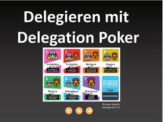 1
Verkünden
Ich werde es
2
Verkaufen
Ich werde
versuchen, es ihnen
3
Befragen
meiner Entschei-
dung ihren Rat
4
Einigen
Wir werden einen
5
Beraten
Ich werde sie
beraten, aber sie
entscheiden
6
Erkundigen
Ich werde nach
ihrer Entscheidung
nachfragen
7
Delegieren
Ich werde
www.management30.com/ delegation-poker
AUF DEUTSCH!
http://www.key2agile.de
Delegieren mit
Delegation Poker
©Jurgen Appello,
Management 3.0
 