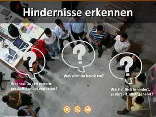 cc: karthik c - https://www.flickr.com/photos/70484018@N00
Hindernisse erkennenHindernisse erkennen
Was hast Du seit gestern
geschafft/getan/bearbeitet?
Was wirst Du heute tun?
Was hat Dich behindert,
gestört vlt. sogar genervt?
 