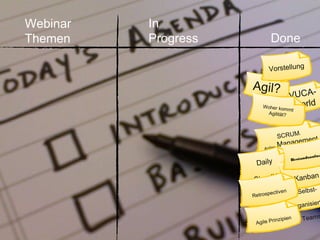 Webinar
Themen
SCRUM,
Agiles Management
Modell
VUCA-
World
Agil?
Daily
StandUp
Woher kommt
Agilität?
Vorstellung
In
Progress Done
Selbst-
organisiert
Teams
Kanban
Retrospectiven
Bestandsaufna
Agile Prinzipien
 
