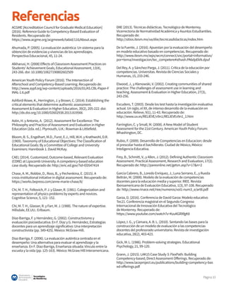 Tecnológico
de Monterrey
Observatorio
deInnovación
Educativa
Página33
Referencias
ACGME [Accreditation Council for Graduate Medical Education]
(2016). Reference Guide to Competency-Based Evaluation of
Residents. Recuperado de:
https://www.acgme.org/acgmeweb/tabid/116/About.aspx
Ahumada, P. (2005). La evaluación auténtica: Un sistema para la
obtención de evidencias y vivencias de los aprendizajes.
Perspectiva Educacional, 45, 11-24.
Alkharusi, H. (2008) Effects of Classroom Assessment Practices on
Students' Achievement Goals, Educational Assessment, 13(4),
243-266. doi: 10.1080/10627190802602509
American Youth Policy Forum (2016). The Intersection of
Afterschool and Competency-Based Learning. Recuperado de:
http://www.aypf.org/wp-content/uploads/2016/01/AS.CBL-Paper-F
INAL-1.6.pdf
Ashford-Rowe, K., Herrington, J. y Brown, C. (2014). Establishing the
critical elements that determine authentic assessment.
Assessment & Evaluation in Higher Education, 39(2), 205-222. doi:
http://dx.doi.org/10.1080/02602938.2013.819566
Astin, H. y Antonio, A. (2012). Assessment for Excellence: The
Philosophy and Practice of Assessment and Evaluation in Higher
Education (2da. ed.). Plymouth, U.K.: Rowman & Littlefield.
Bloom, B. S., Engelhart, M.D., Furst, E.J., Hill, W.H. y Krathwohl, D.R.
(1969). Taxonomy of Educational Objectives: The Classification of
Educational Goals: By a Committee of College and University
Examiners: Hannbook 1. David McKay.
CAEL (2014). Customized, Outcome-based, Relevant Evaluation
(CORE) at Lipscomb University. A competency-based education
case study. Recuperado de: http://eric.ed.gov/?id=ED547414
Chase, A. M., Robbie, D., Ross, B., y Pechenkina, E. (2015). A
cross-institutional initiative in digital assessment. Recuperado de:
https://works.bepress.com/anne-marie-chase/8/
Chi, M. T. H., Feltovich, P. J. y Glaser, R. (1981). Categorization and
representation of physics problems by experts and novices.
Cognitive Science, 5, 121- 152.
Chi, M. T. H., Glasser, R. y Farr, M. J. (1988). The nature of expertise.
Hillsdale, EE.UU.: Erlbaum.
Díaz-Barriga, F. y Hernández, G. (2002). Constructivismo y
evaluación psicoeducativa. En F. Díaz y G. Hernández, Estrategias
docentes para un aprendizaje significativo: Una interpretación
constructivista (pp. 349-425). México: McGraw-Hill.
Díaz-Barriga, F. (2006). La evaluación auténtica centrada en el
desempeño: Una alternativa para evaluar el aprendizaje y la
enseñanza. En F. Díaz-Barriga, Enseñanza situada: Vínculo entre la
escuela y la vida (pp. 125-163). México: McGraw Hill Interamericana.
DIIE (2013). Técnicas didácticas. Tecnológico de Monterrey.
Vicerrectoría de Normatividad Académica y Asuntos Estudiantiles.
Recuperado de:
http://sitios.itesm.mx/va/diie/tecnicasdidacticas/index.htm
De la Fuente, J. (2016). Apuestan por la evaluación del desempeño
en modelo educativo basado en competencias. Recuperado de:
http://www.itesm.mx/wps/wcm/connect/snc/portal+informativo/
por+tema/investigacion/tec_competere#sthash.PA6dpEkN.dpuf
Del Rey, A. y Sánchez-Parga, J. (2011). Crítica de la educación por
competencias. Universitas. Revista de Ciencias Sociales y
Humanas, 15, 233-246.
Elwood, J., y Klenowski, V. (2002). Creating communities of shared
practice: The challenges of assessment use in learning and
teaching. Assessment & Evaluation in Higher Education, 27(3),
243-256.
Escudero, T. (2003). Desde los test hasta la investigación evaluativa
actual. Un siglo, el XX, de intenso desarrollo de la evaluación en
educación. Relieve, 9(1), 11-43. Recuperado de:
http://www.uv.es/RELIEVE/v9n1/RELIEVEv9n1_1.htm
Farrington, C. y Small, M. (2008). A New Model of Student
Assessment for the 21st Century. American Youth Policy Forum:
Whashington, DC.
Rubio, F. (2009). Desarrollo de Competencias en Educacion: desde
el prescolar hasta el bachillerato. Ciudad de México, México:
Inteligencia Educativa.
Frey, B., Schmitt, V., y Allen, J. (2012). Defining Authentic Classroom
Assessment. Practical Assessment, Research and Evaluation, 17(2).
Recuperado de: http://pareonline.net/getvn.asp?v=17&n=2
Garcia Cabrero, B., Loredo Enríquez, J., Luna Serrano, E., y Rueda
Beltrán, M. (2008). Modelo de la evaluación de competencias
docentes para la educación media y superior. RIEE. Revista
Iberoamericana de Evaluación Educativa, 1(3), 97-108. Recuperado
de: http://www.rinace.net/riee/numeros/vol1-num3_e/art8.pdf
Garza, D. (2016). Conferencia de David Garza: Modelo educativo
Tec21. Conferencia magistral en el Segundo Congreso
Internacional de Innovación Educativa del Tecnológico
de Monterrey. Recuperado de:
https://www.youtube.com/watch?v=KzuKGRXfgK8
López, I. G., y Cámara, A. B. L. (2010). Sentando las bases para la
construcción de un modelo de evaluación a las competencias
docentes del profesorado universitario. Revista de investigación
educativa, 28(2), 403-423.
Gick, M. L. (1986). Problem-solving strategies. Educational
Psychology, 21, 99-120.
Grann, J. (2015). LAK15 Case Study 3: FlexPath: Building
Competency-based, Direct Assessment Offerings. Recuperado de:
http://www.laceproject.eu/publications/building-competency-bas
ed-offerings.pdf
 
