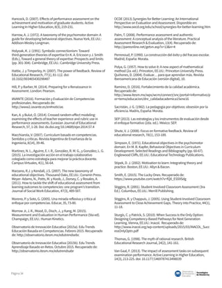 Tecnológico
de Monterrey
Observatorio
deInnovación
Educativa
Página34
Hancock, D. (2007). Effects of performance assessment on the
achievement and motivation of graduate students. Active
Learning In Higher Education, 8(3), 219-231.
Harrow, A. J. (1972). A taxonomy of the psychomotor domain: A
guide for developing behavioral objectives. Nueva York, EE.UU.:
Addison-Wesley Longman.
Holyoak, K. J. (1991). Symbolic connectionism: Toward
third-generation theories of expertise En K. A. Ericsson y J. Smith
(Eds.), Toward a general theory of expertise: Prospects and limits
(pp. 301-304). Cambridge, EE.UU.: Cambridge University Press.
Hattie, J. y Timperley, H. (2007). The power of feedback. Review of
Educational Research, 77(1), 81-112. doi:
10.3102/003465430298487
Hill, P. y Barber, M. (2014). Preparing for a Renaissance in
Assessment. London: Pearson.
IAVANTE (2016). Formación y Evaluación de Competencias
profesionales. Recuperado de:
http://www2.iavante.es/en#noticias
Kan, A. y Bulut, O. (2014). Crossed random-effect modeling:
examining the effects of teacher experience and rubric use in
performance assessments. Eurasian Journal of Educational
Research, 57, 1-28. Doi: dx.doi.org/10.14689/ejer.2014.57.4
Macchiarola, V. (2007). Currículum basado en competencias.
Sentidos y críticas. Revista Argentina de Enseñanza de la
Ingeniería, 8(14), 39-46.
Martinez, N. L., Aguirre, E. I. R., González, R. M. G., y González, L. G.
(2015). La investigación acción en el trabajo colaborativo
colegiado como estrategia para mejorar la práctica docente.
Campus Virtuales, 4(1), 56-64.
Marzano, R.J. y Kendall, J.S. (2007). The new taxonomy of
educational objectives. Thousand Oaks, EE.UU.: Corwnin Press.
Meyer- Adams, N., Potts, M. y Koob, J., Dorsey, C. y Rosales, A.
(2011). How to tackle the shift of educational assessment from
learning outcomes to competencies: one program’s transition.
Journal of Social Work Education, 47(3), 489-507.
Moreno, P. y Soto, G. (2005). Una mirada reflexiva y crítica al
enfoque por competencias. Educar, 35, 73-80.
Morrow Jr, J. R., Mood, D., Disch, J., y Kang, M. (2015).
Measurement and Evaluation in Human Performance (5ta ed).
Champaign, EE.UU.: Human Kinetics.
Observatorio de Innovación Educativa (2015a). Edu Trends
Educación Basada en Competencias. Febrero 2015. Recuperado
de: http://observatorio.itesm.mx/edutrendsebc
Observatorio de Innovación Educativa (2015b). Edu Trends
Aprendizaje Basado en Retos. Octubre 2015. Recuperado de:
http://observatorio.itesm.mx/edutrendsabr
OCDE (2013).Synergies for Better Learning: An International
Perspective on Evaluation and Assessment. Disponible en:
http://www.oecd.org/edu/school/synergies-for-better-learning.htm
Palm, T. (2008). Performance assessment and authentic
assessment: A conceptual analysis of the literature. Practical
Assessment Research & Evaluation, 13(4). Recuperado de:
http://pareonline.net/getvn.asp?v=13&n=4
Perrenoud, P. (1990). La construcción del éxito y del fracaso escolar.
Madrid, España: Morata.
Polya, G. (1957). How to solve it: A new aspect of mathematical
method (2a. ed.). Princeton, EE.UU.: Princeton University Press.
Quiñones, D. (2004). Evaluar… para que aprendan más. Revista
Iberoamericana de Educación (versión digital), 10.
Ramírez, D. (2016). Fortalecimiento de la calidad académica.
Recuperado de:
http://www.itesm.mx/wps/wcm/connect/snc/portal+informativo/p
or+tema/educacion/dnr_calidadacademica15ene16
Sacristán, J. G. (1982). La pedagogía por objetivos: obsesión por la
eficiencia. Madris, España: Morata.
SEP (2013). Las estrategias y los instrumentos de evaluación desde
el enfoque formativo (2da. ed.). México: SEP.
Shute, V. J. (2008). Focus on formative feedback. Review of
educational research, 78(1), 153-189.
Simpson, E. (1971). Educational objectives in the psychomotor
domain. En M. B. Kapfer, Behavioral Objectives in Curriculum
Development: Selected Readings and Bibliography (pp. 60-67).
Englewood Cliffs, EE.UU.: Educational Technology Publications.
Stipek, D. J. (2002). Motivation to learn: Integrating theory and
practice. Boston, EE.UU.: Allyn & Bacon.
Smith, E. (2015). The Lucky Ones. Recuperado de:
https://www.youtube.com/watch?v=fQ0_ESS9Sdg
Stiggins, R. (2001). Student Involved Classroom Assessment (3ra
Ed.). Columbus, EE.UU.: Merrill Publishing.
Stiggins, R. y Chappuis, J. (2005). Using Student-Involved Classroom
Assessment to Close Achievement Gaps. Theory into Practice, 44(1),
11-18.
Sturgis, C. y Patrick, S. (2010). When Success Is the Only Option:
Designing Competency-Based Pathways for Next Generation
Learning. Vienna, EE.UU.: Inacol. Recuperado de:
http://www.inacol.org/wp-content/uploads/2015/03/iNACOL_Succ
essOnlyOptn.pdf
Thomas, G. (1998). The myth of rational research. British
Educational Research Journal, 24(2), 141-161.
Van Gaal, F. (2013). The impact of assessment tasks on subsequent
examination performance. Active Learning in Higher Education,
14(3), 213-225. doi: 10.1177/1469787413498039
 