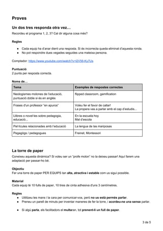 Proves
Un​​dos​​tres​​responda​​otra​​vez…
Recordeu​ ​el​ ​programa​ ​1,​ ​2,​ ​3?​ ​Cal​ ​dir​ ​alguna​ ​cosa​ ​més?
Regles
● Cada​ ​equip​ ​ha​ ​d’anar​ ​dient​ ​una​ ​resposta.​ ​Si​ ​és​ ​incorrecta​ ​queda​ ​eliminat​ ​d’aquesta​ ​ronda.
● No​ ​pot​ ​respondre​ ​dues​ ​vegades​ ​seguides​ ​una​ ​mateixa​ ​persona.
Comptador:​ ​​https://www.youtube.com/watch?v=l2V56-Ky7Us
Puntuació
2​ ​punts​ ​per​ ​resposta​ ​correcta.
Noms​ ​de…
Tema Exemples​ ​de​ ​respostes​ ​correctes
Neologismes​ ​molones​ ​de​ ​l’educació,
puntuació​ ​doble​ ​si​ ​és​ ​en​ ​anglès
flipped​ ​classroom,​ ​gamification
Frases​ ​d'un​ ​professor​ ​“en​ ​apuros” Voleu​ ​fer​ ​el​ ​favor​ ​de​ ​callar!
La​ ​propera​ ​vas​ ​a​ ​parlar​ ​amb​ ​el​ ​cap​ ​d’estudis...
Llibres​ ​o​ ​novel·les​ ​sobre​ ​pedagogia,
educació...
En​ ​la​ ​escuela​ ​hoy
Mal​ ​d’escola
Pel·lícules​ ​relacionades​ ​amb​ ​l’educació La​ ​lengua​ ​de​ ​las​ ​mariposas
Pegagògs​ ​/​ ​pedagogues Freinet,​ ​Montessori
La​​torre​​de​​paper
Coneixeu​ ​aquesta​ ​dinàmica?​ ​Si​ ​voleu​ ​ser​ ​un​ ​“profe​ ​molon”​ ​no​ ​la​ ​deixeu​ ​passar!​ ​Aquí​ ​farem​ ​una
adaptació​ ​per​ ​passar-ho​ ​bé.
Objectiu
Fer​ ​una​ ​torre​ ​de​ ​paper​ ​PER​ ​EQUIPS​ ​tan​ ​​alta,​ ​atractiva​ ​i​ ​estable​​ ​com​ ​us​ ​sigui​ ​possible.
Material
Cada​ ​equip​ ​té​ ​10​ ​fulls​ ​de​ ​paper,​ ​10​ ​tires​ ​de​ ​cinta​ ​adhesiva​ ​d'uns​ ​3​ ​centímetres.
Regles
● Utilitzeu​ ​les​ ​mans​ ​i​ ​la​ ​cara​ ​per​ ​comunicar-vos,​ ​però​ ​​no​ ​us​ ​està​ ​permès​ ​parlar​.
● Preneu​ ​un​ ​parell​ ​de​ ​minuts​ ​per​ ​inventar​ ​maneres​ ​de​ ​fer​ ​la​ ​torre,​ ​i​ ​​acordeu-ne​ ​una​ ​sense​​ ​parlar.
● Si​ ​algú​ ​​parla​,​ ​els​ ​facilitadors​ ​el​ ​​multa​ran,​ ​tot​ ​​prenent-li​ ​un​ ​full​ ​de​ ​paper​.
3​ ​de​ ​5
 