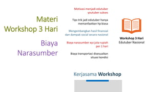 Workshop 3 Hari
Edutuber Nasional
Materi
Workshop 3 Hari
Biaya
Narasumber
Motivasi menjadi edutuber
youtuber sukses
Tips trik jadi edutuber hanya
memanfaatkan hp biasa
Mengembangkan hasil finansial
dan dampak social secara nasional
Biaya narasumber xyz juta rupiah
per 1 hari
Biaya transportasi disesuaikan
situasi kondisi
Kerjasama Workshop
 