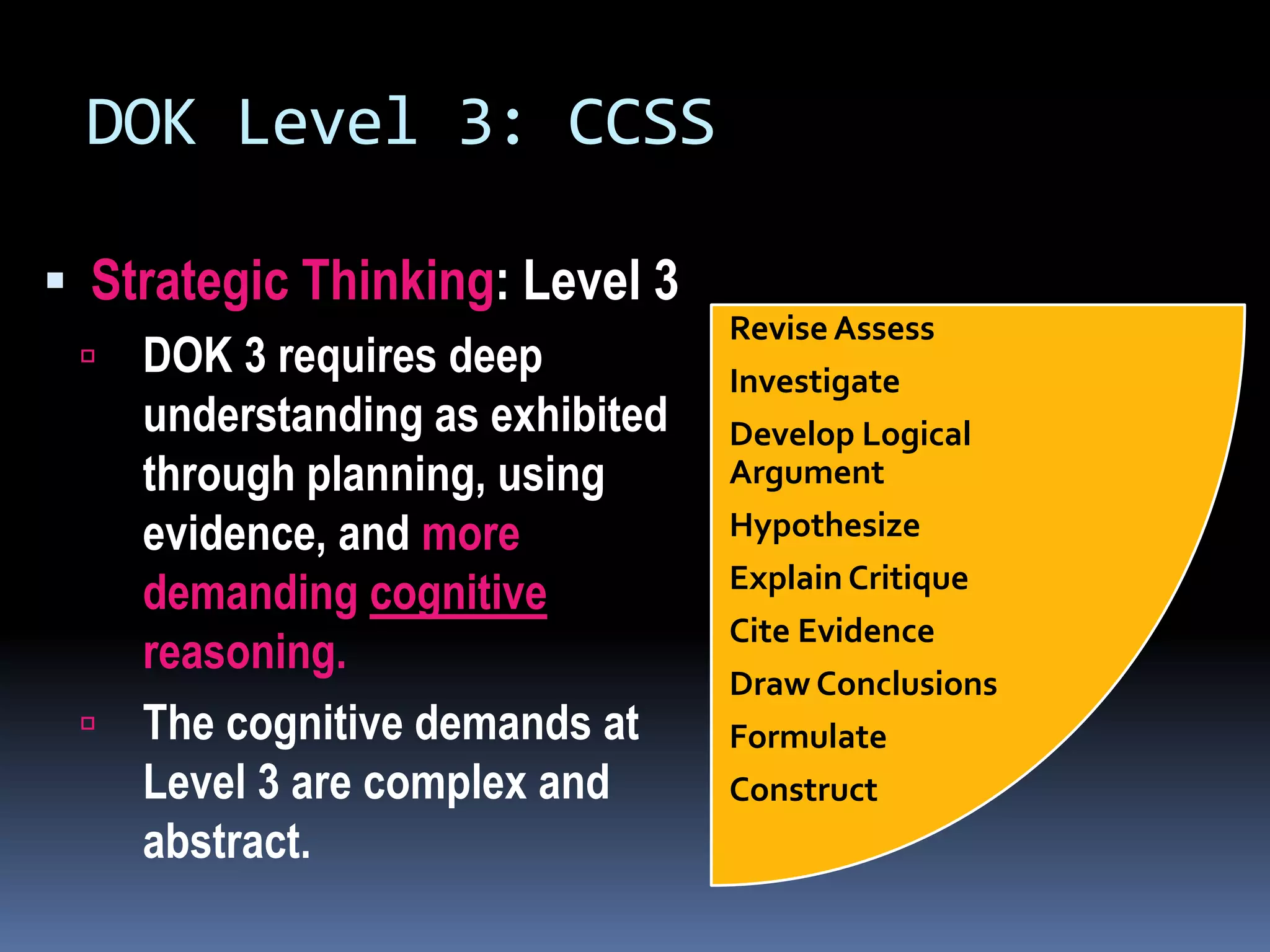 DOK Level 3: CCSS
 Strategic Thinking: Level 3
 DOK 3 requires deep
understanding as exhibited
through planning, using
evidence, and more
demanding cognitive
reasoning.
 The cognitive demands at
Level 3 are complex and
abstract.
Revise Assess
Investigate
Develop Logical
Argument
Hypothesize
Explain Critique
Cite Evidence
Draw Conclusions
Formulate
Construct
 