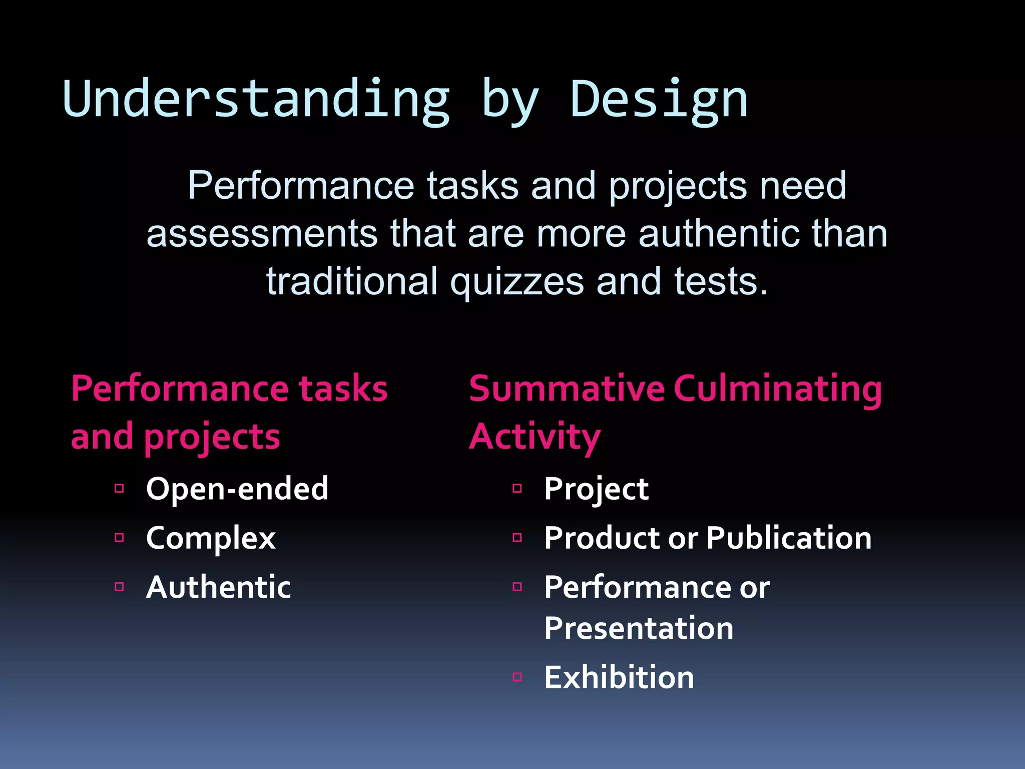 Understanding by Design
Performance tasks
and projects
 Open-ended
 Complex
 Authentic
Summative Culminating
Activity
 Project
 Product or Publication
 Performance or
Presentation
 Exhibition
Performance tasks and projects need
assessments that are more authentic than
traditional quizzes and tests.
 