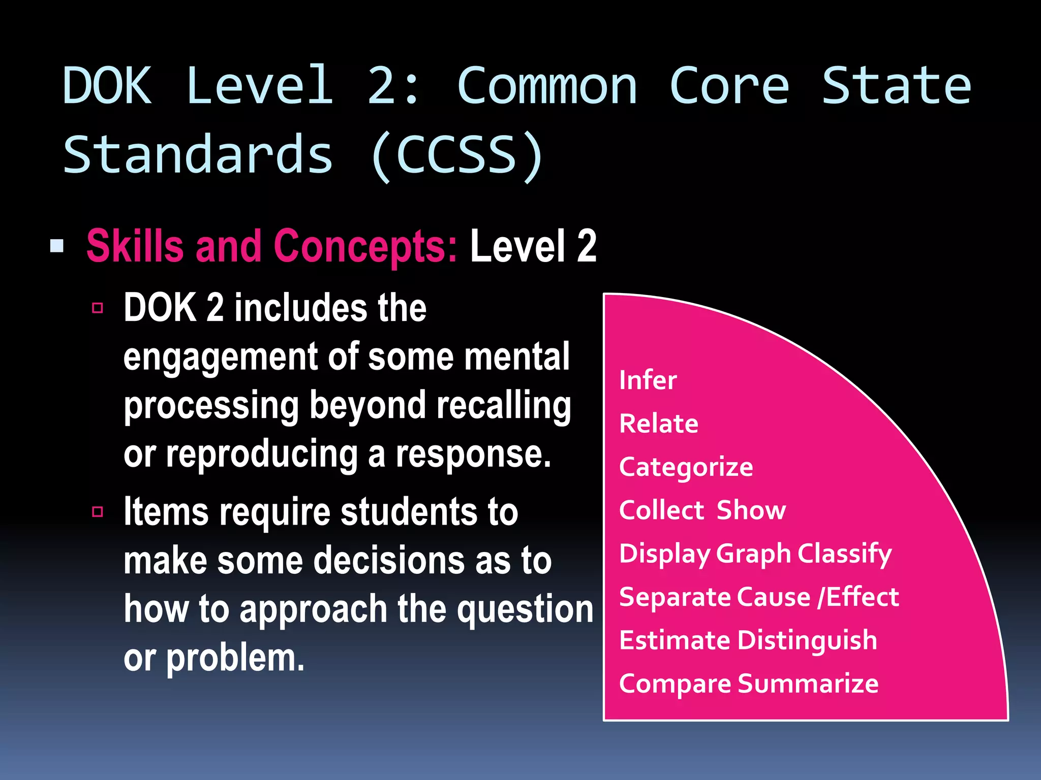 DOK Level 2: Common Core State
Standards (CCSS)
 Skills and Concepts: Level 2
 DOK 2 includes the
engagement of some mental
processing beyond recalling
or reproducing a response.
 Items require students to
make some decisions as to
how to approach the question
or problem.
Infer
Relate
Categorize
Collect Show
Display Graph Classify
Separate Cause /Effect
Estimate Distinguish
Compare Summarize
 