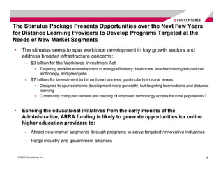 The Stimulus Package Presents Opportunities over the Next Few Years
for Distance Learning Providers to Develop Programs Targeted at the
Needs of New Market Segments
•      The stimulus seeks to spur workforce development in key growth sectors and
       address broader infrastructure concerns:
          – $3 billion for the Workforce Investment Act
                   • Targeting workforce development in energy efficiency, healthcare, teacher training/educational
                     technology, and green jobs
          – $7 billion for investment in broadband access, particularly in rural areas
                   • Designed to spur economic development more generally, but targeting telemedicine and distance
                     learning
                   • Community computer centers and training  improved technology access for rural populations?


•      Echoing the educational initiatives from the early months of the
       Administration, ARRA funding is likely to generate opportunities for online
       higher education providers to:
          – Attract new market segments through programs to serve targeted /innovative industries
          – Forge industry and government alliances


    © 2009 Eduventures, Inc.                                                                                          15
 