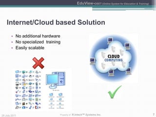 Android based ApplicationsR.IntechTM Systems Inc. EduView - OSET (Online System for Education & Training) is the latest solution for Education Providers launched in India as well as in the Global market.Australia Office:R.IntechTM Systems Inc.2, Charlotte St, AshfieldNSW 2131, AustraliaEmail: australia@rintechsystems.comWebsite: www.rintechsystems.comIndia Office:R.IntechTM Systems Inc.SCO 80/2, Sector 46 C ChandigarhTel: 0172 5076274Email: india@rintechsystems.comWebsite: www.rintechsystems.com