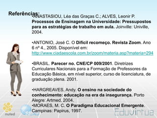 Referências:
         •ANASTASIOU, Léa das Graças C.; ALVES, Leonir P.
          Processos de Ensinagem na Universidade: Pressupostos
          para as estratégias de trabalho em aula. Joinville: Univille,
          2004.

          •ANTONIO, José C. O Difícil recomeço. Revista Zoom. Ano
          6 nº 4., 2005. Disponível em:
          http://www.ciadaescola.com.br/zoom/materia.asp?materia=294

          •BRASIL. Parecer no. CNE/CP 009/2001. Diretrizes
          Curriculares Nacionais para a Formação de Professores da
          Educação Básica, em nível superior, curso de licenciatura, de
          graduação plena. 2001.

          •HARGREAVES, Andy. O ensino na sociedade do
          conhecimento: educação na era da insegurança. Porto
          Alegre: Artmed, 2004.
          •MORAES, M. C. O Paradigma Educacional Emergente.
          Campinas: Papirus, 1997.
 