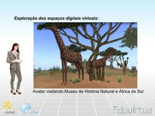Exploração dos espaços digitais virtuais:




         Avatar visitando Museu de História Natural e África do Sul
 