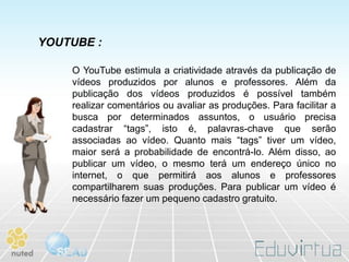 YOUTUBE :

    O YouTube estimula a criatividade através da publicação de
    vídeos produzidos por alunos e professores. Além da
    publicação dos vídeos produzidos é possível também
    realizar comentários ou avaliar as produções. Para facilitar a
    busca por determinados assuntos, o usuário precisa
    cadastrar “tags”, isto é, palavras-chave que serão
    associadas ao vídeo. Quanto mais “tags” tiver um vídeo,
    maior será a probabilidade de encontrá-lo. Além disso, ao
    publicar um vídeo, o mesmo terá um endereço único no
    internet, o que permitirá aos alunos e professores
    compartilharem suas produções. Para publicar um vídeo é
    necessário fazer um pequeno cadastro gratuito.
 