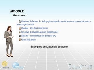 MOODLE :
 Recursos :




              Exemplos de Materiais de apoio
 