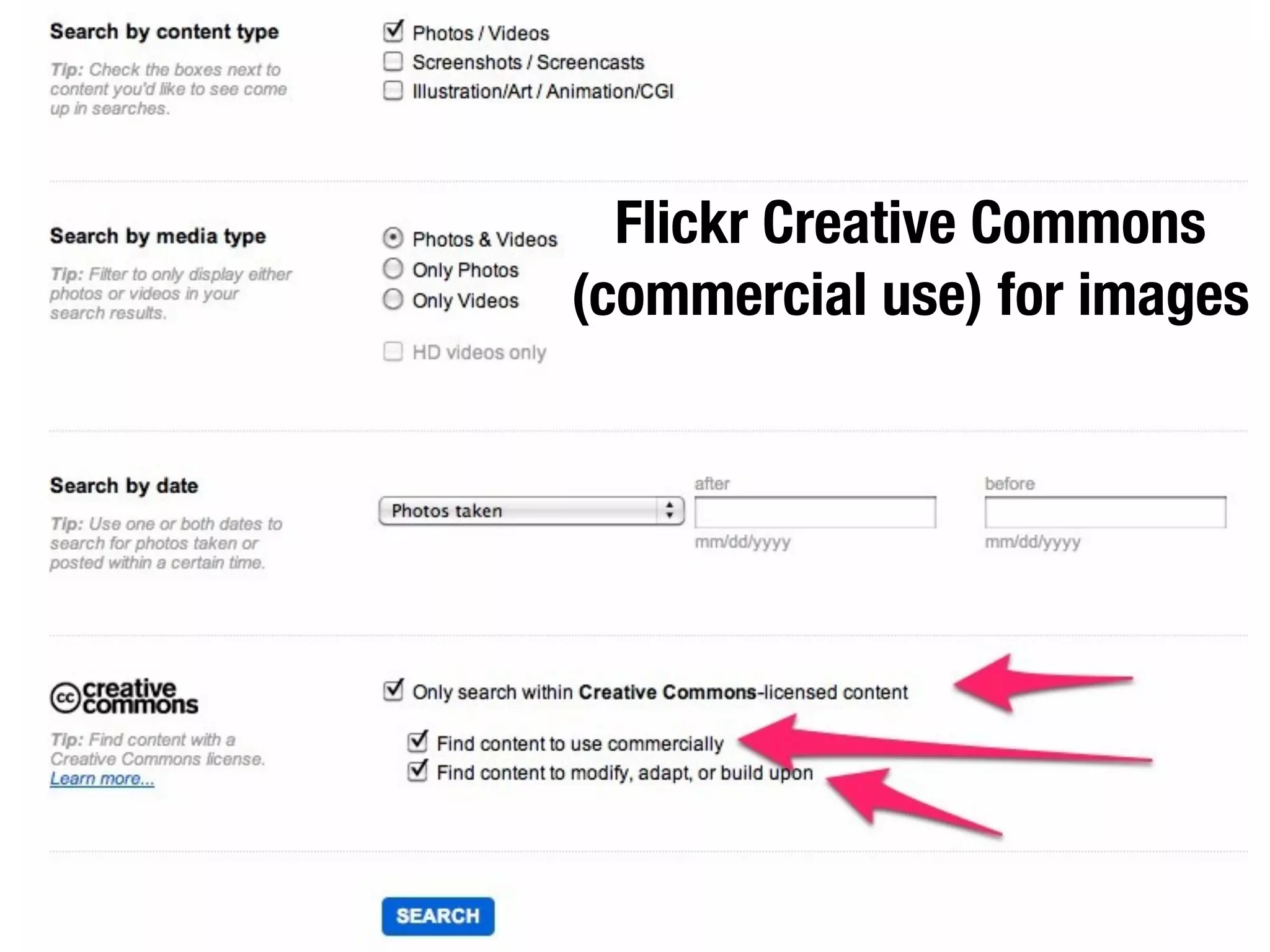 Flickr Creative Commons
(commercial use) for images
 