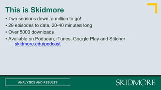 ▪ Two seasons down, a million to go!
▪ 29 episodes to date, 20-40 minutes long
▪ Over 5000 downloads
▪ Available on Podbean, iTunes, Google Play and Stitcher
skidmore.edu/podcast
This is Skidmore
ANALYTICS AND RESULTS
 