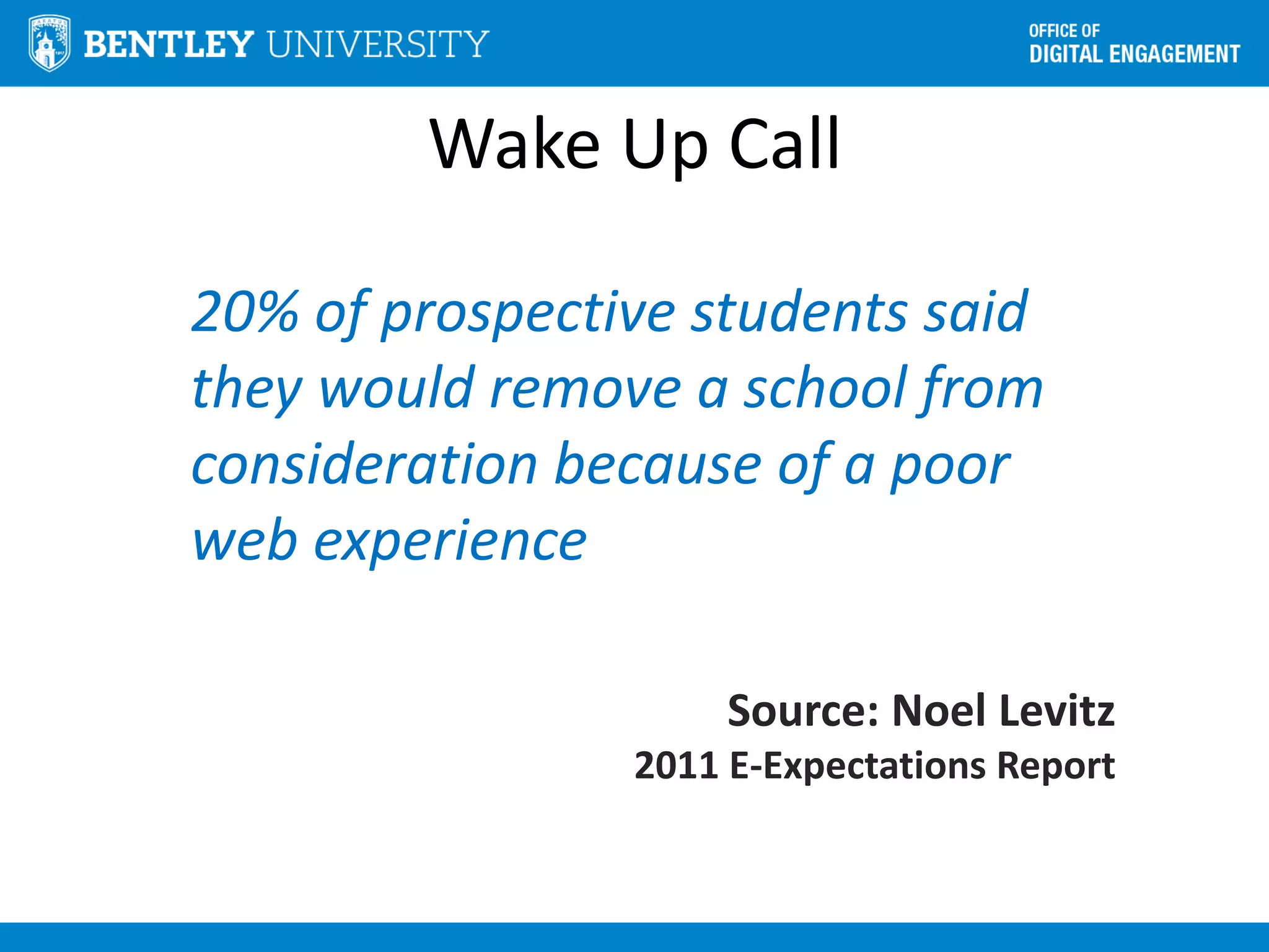Wake Up Call
20% of prospective students said
they would remove a school from
consideration because of a poor
web experience
Source: Noel Levitz
2011 E-Expectations Report
 