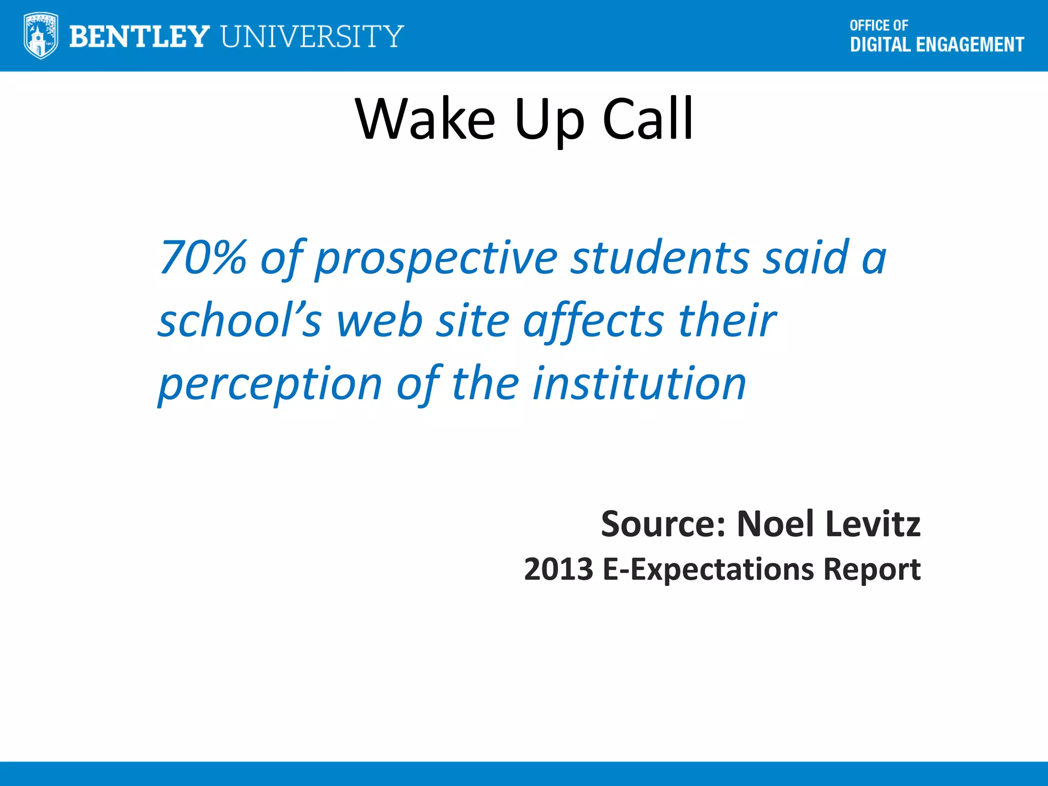 Wake Up Call
70% of prospective students said a
school’s web site affects their
perception of the institution
Source: Noel Levitz
2013 E-Expectations Report
 