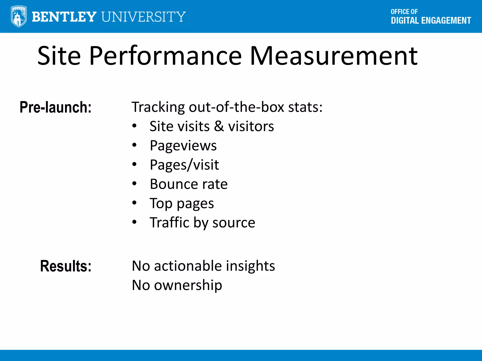 Site Performance Measurement
Pre-launch: Tracking out-of-the-box stats:
• Site visits & visitors
• Pageviews
• Pages/visit
• Bounce rate
• Top pages
• Traffic by source
Results: No actionable insights
No ownership
 