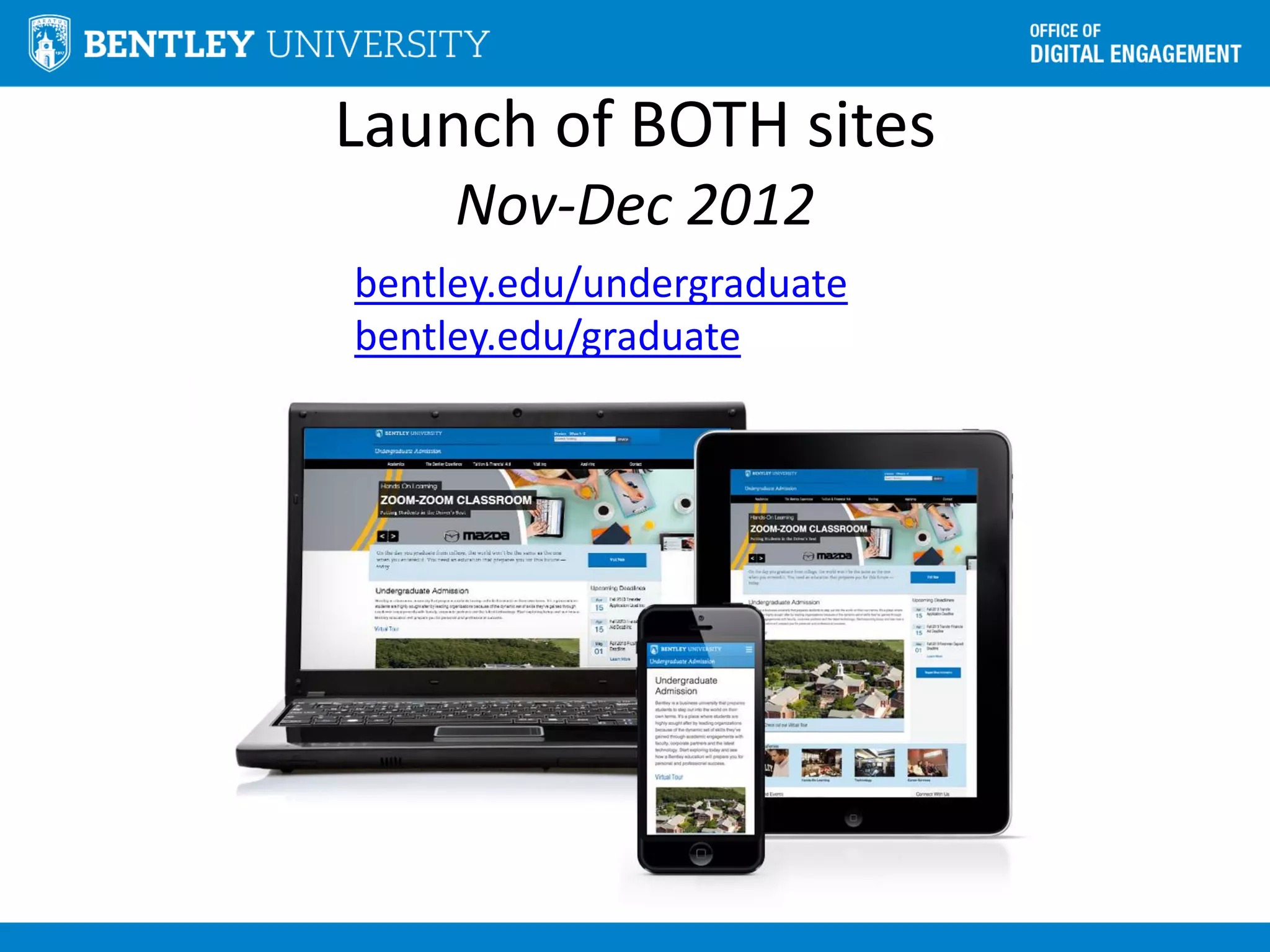 Launch of BOTH sites
Nov-Dec 2012
bentley.edu/undergraduate
bentley.edu/graduate
 