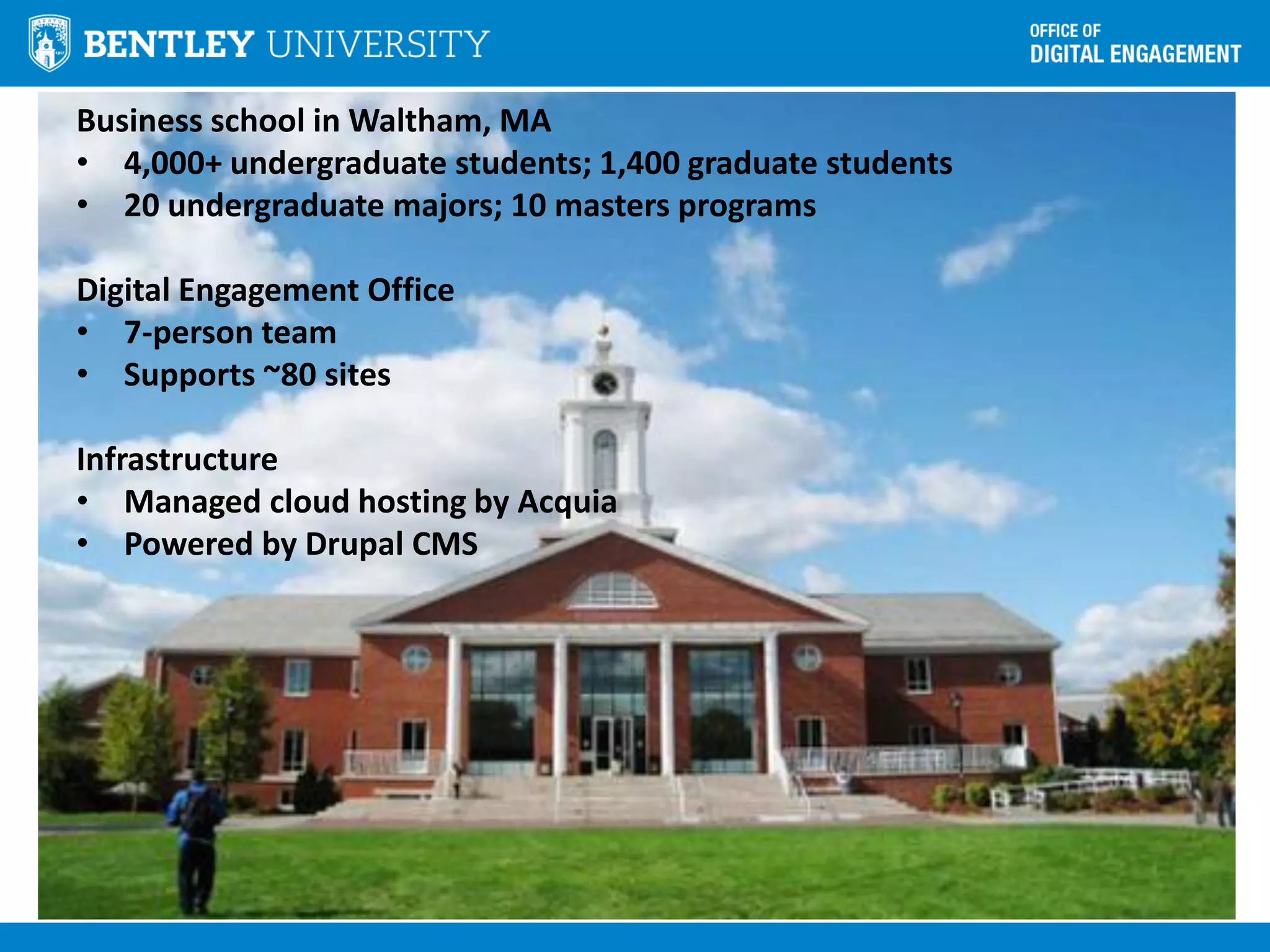 Business school in Waltham, MA
• 4,000+ undergraduate students; 1,400 graduate students
• 20 undergraduate majors; 10 masters programs
Digital Engagement Office
• 7-person team
• Supports ~80 sites
Infrastructure
• Managed cloud hosting by Acquia
• Powered by Drupal CMS
 
