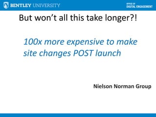 But won’t all this take longer?!
100x more expensive to make
site changes POST launch
Nielson Norman Group
 