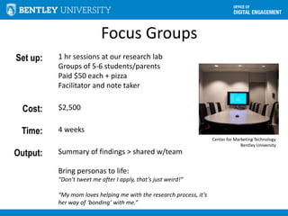 Focus Groups
Set up: 1 hr sessions at our research lab
Groups of 5-6 students/parents
Paid $50 each + pizza
Facilitator and note taker
Cost: $2,500
Time: 4 weeks
Output: Summary of findings > shared w/team
Bring personas to life:
“Don’t tweet me after I apply, that’s just weird!”
“My mom loves helping me with the research process, it’s
her way of ‘bonding’ with me.”
Center for Marketing Technology
Bentley University
 