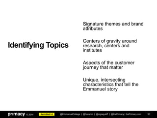#eduWeb14© 2014
Identifying Topics
50
Signature themes and brand
attributes
Centers of gravity around
research, centers and
institutes
Aspects of the customer
journey that matter
Unique, intersecting
characteristics that tell the
Emmanuel story
@EmmanuelCollege | @honanm | @zigzagJeff | @thePrimacy | thePrimacy.com
 