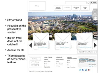 #eduWeb14© 2014
 Streamlined
 Focused on the
prospective
student
 It’s the front
door, not the
catch-all
 Access for all
 Themes/topics
as centerpiece
feature
54@EmmanuelCollege | @honanm | @zigzagJeff | @thePrimacy | thePrimacy.com
 