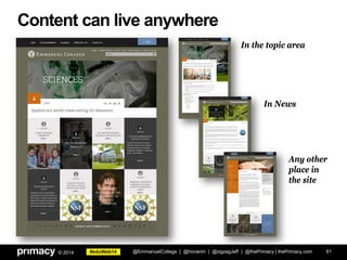 #eduWeb14© 2014
Content can live anywhere
61
In the topic area
In News
Any other
place in
the site
@EmmanuelCollege | @honanm | @zigzagJeff | @thePrimacy | thePrimacy.com
 