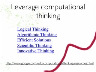 Leverage computational
thinking
Logical Thinking
Algorithmic Thinking
Efﬁcient Solutions
Scientiﬁc Thinking
Innovative Thinking
http://www.google.com/edu/computational-thinking/resources.html
 