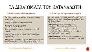 Το δικαίωμα να αλλάξεις γνώμη
 Να επιστρέψεις το προϊόν στην αρχική του
κατάσταση
 Εντός 14 ημερών από την αγορά
 Χωρίς να αναφέρεις λόγο
 Σου επιστρέφονται τα χρήματα, εντός 14
ημερών
 Επιβαρύνεσαι με τα έξοδα επιστροφής του
προϊόντος
 Υπάρχουν εξαιρέσεις (προϊόντα που αφορούν
την υγιεινή, το αλκοόλ και αναλώσιμα)
Το δικαίωμα να μην παραπλανηθείς
Αν έχεις παραπλανηθεί, δικαιούσαι να να
ζητήσεις την επιστροφή των χρημάτων που
έχεις καταβάλει.
 Παράδειγμα: Το κατάστημα σε
ενημερώνει ότι το προϊόν δεν είναι
διαθέσιμο ή ότι άλλαξε η τιμή του
προϊόντος. Δικαιούσαι να ζητήσεις την
αρχική τιμή ή επιστροφή
 Παράδειγμα: Το προϊόν δεν είναι όπως
εμφανιζόταν στο ηλεκτρονικό κατάστημα
Γενική Γραμματεία Καταναλωτή Συνήγορος του Καταναλωτή
 