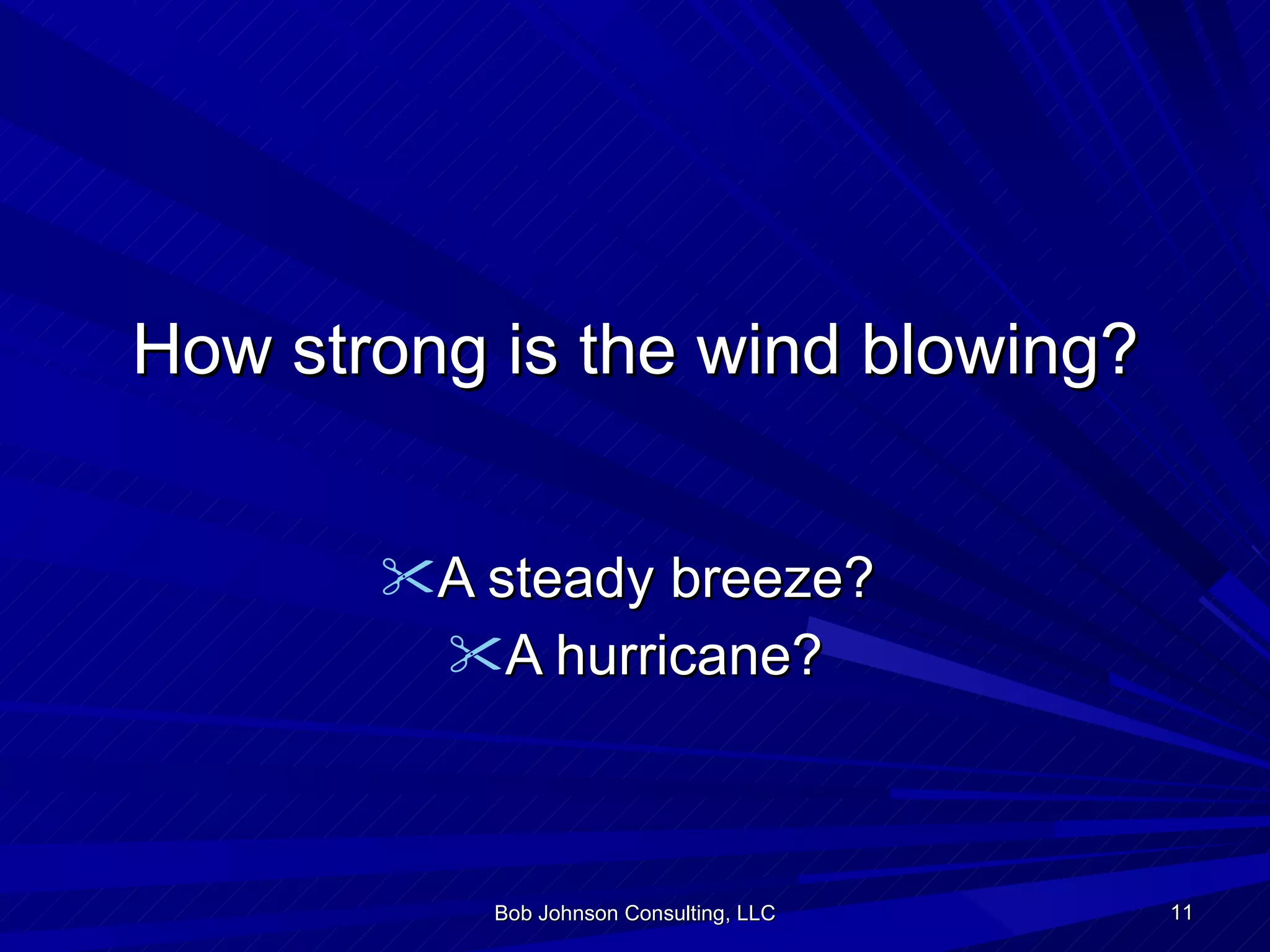 How strong is the wind blowing? A steady breeze?  A hurricane? Bob Johnson Consulting, LLC 