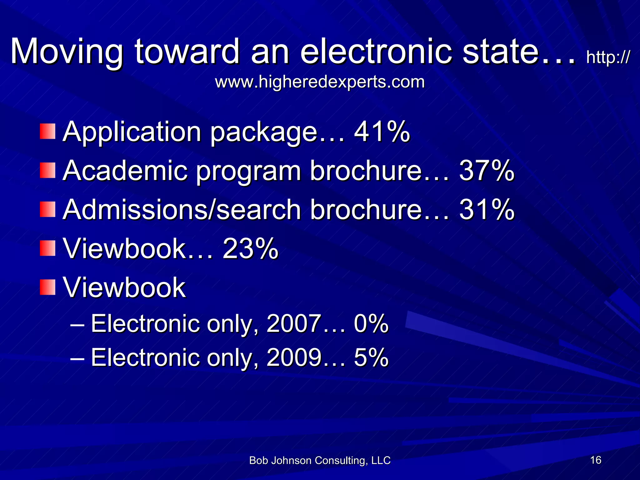 Moving toward an electronic state …   http://www.higheredexperts.com Application package… 41% Academic program brochure… 37% Admissions/search brochure… 31% Viewbook… 23% Viewbook Electronic only, 2007… 0% Electronic only, 2009… 5% Bob Johnson Consulting, LLC 