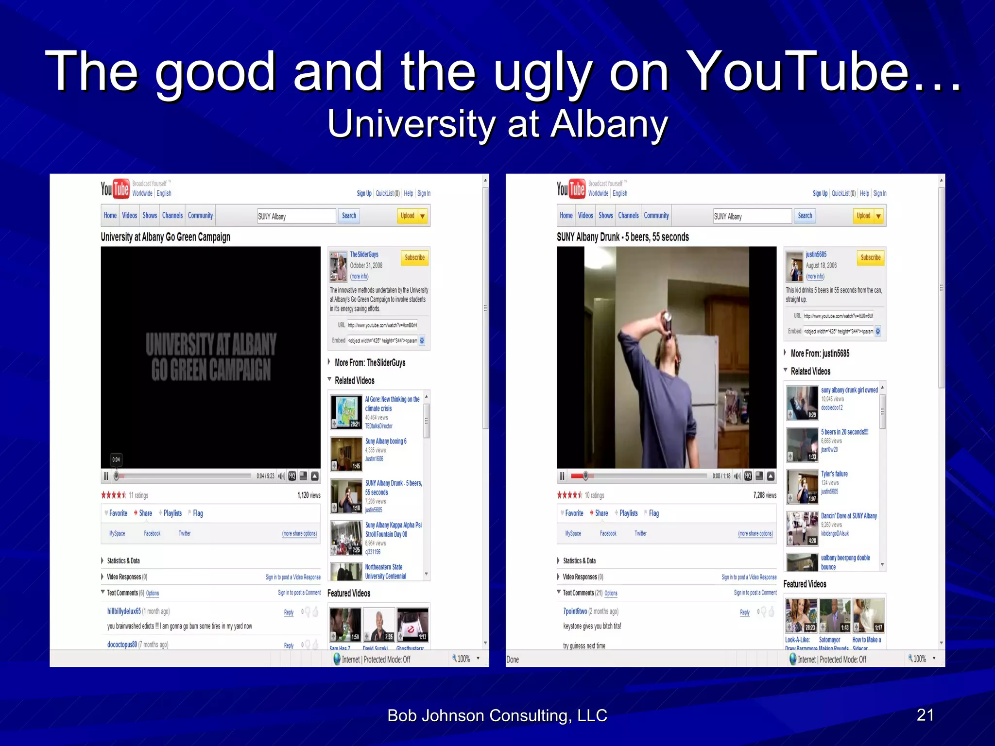 The good and the ugly on YouTube… University at Albany Bob Johnson Consulting, LLC 