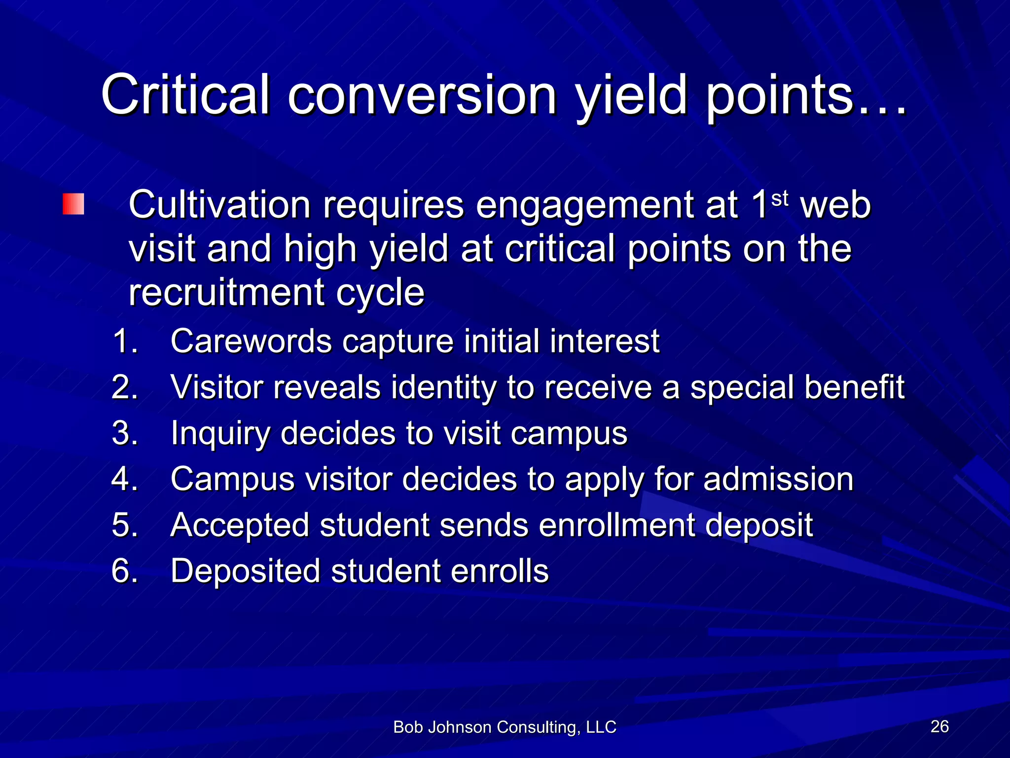 Critical conversion yield points… Cultivation requires engagement at 1 st  web visit and high yield at critical points on the recruitment cycle Carewords capture initial interest Visitor reveals identity to receive a special benefit Inquiry decides to visit campus Campus visitor decides to apply for admission Accepted student sends enrollment deposit Deposited student enrolls Bob Johnson Consulting, LLC 