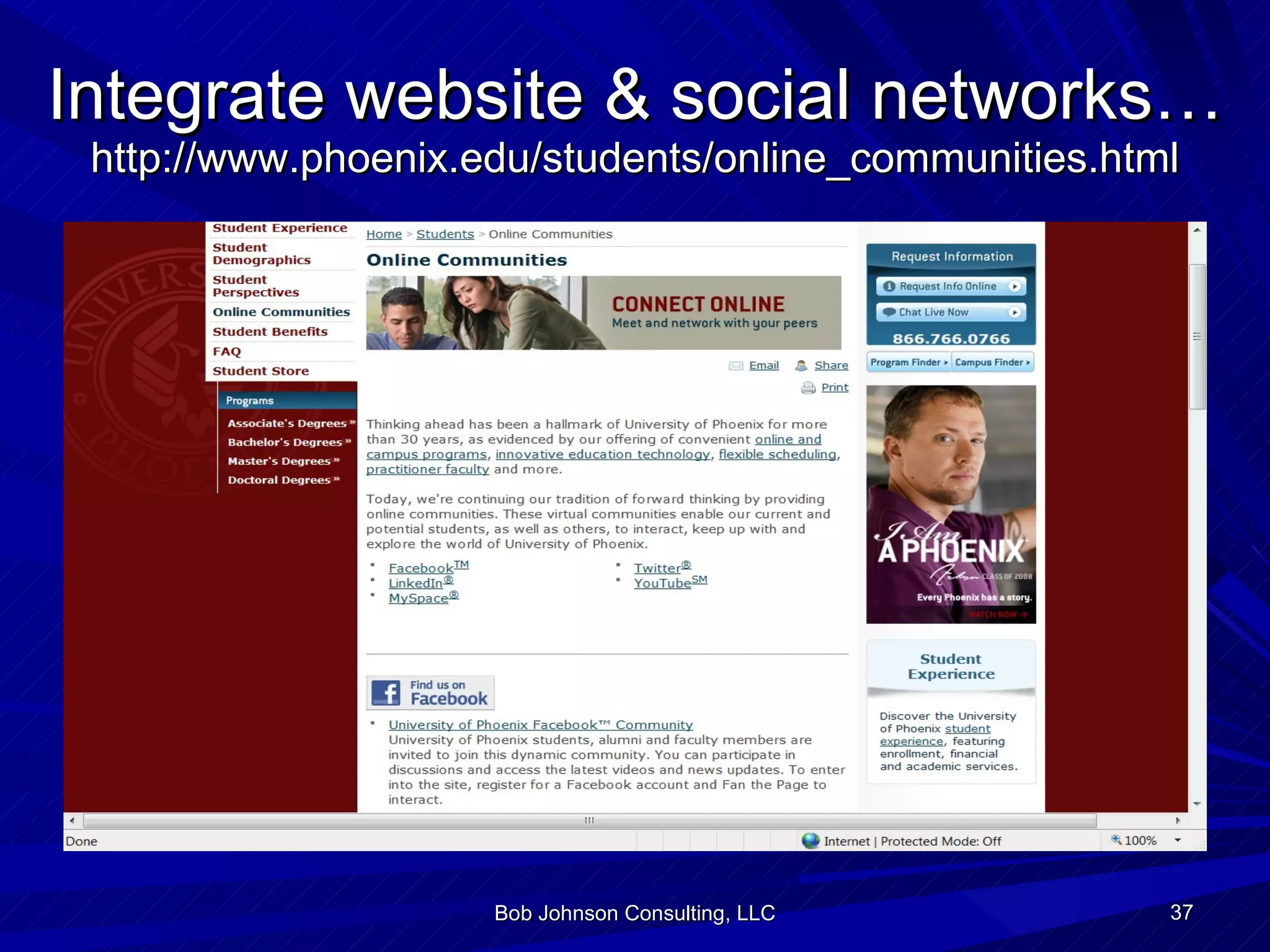 Integrate website & social networks… http://www.phoenix.edu/students/online_communities.html Bob Johnson Consulting, LLC 