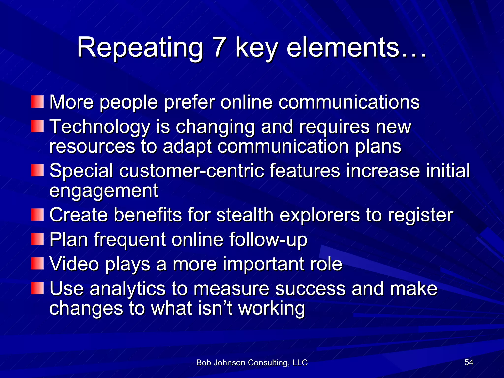 Repeating 7 key elements… More people prefer online communications Technology is changing and requires new resources to adapt communication plans Special customer-centric features increase initial engagement Create benefits for stealth explorers to register  Plan frequent online follow-up Video plays a more important role Use analytics to measure success and make changes to what isn’t working Bob Johnson Consulting, LLC 