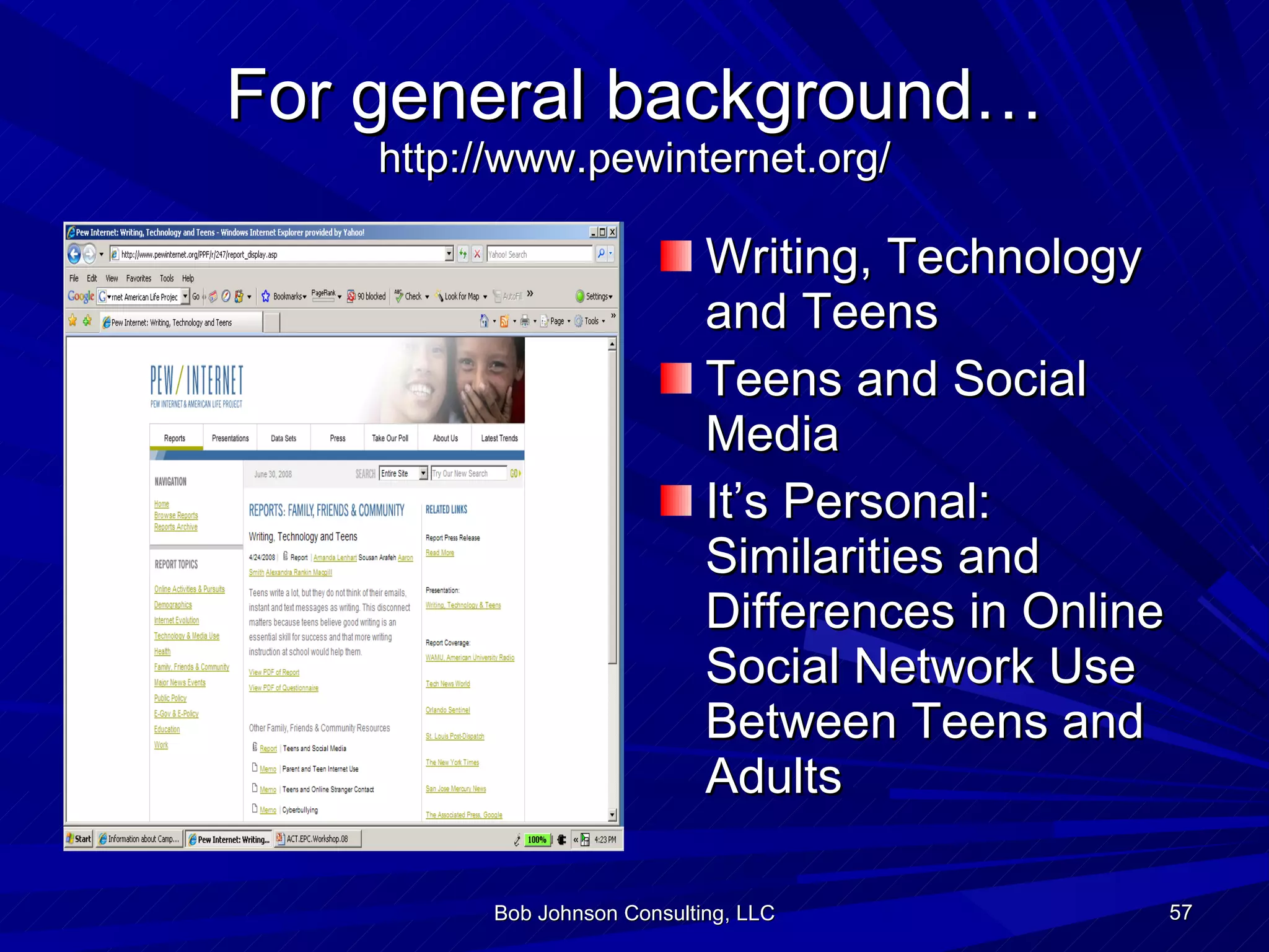 For general background… http://www.pewinternet.org/ Writing, Technology and Teens Teens and Social Media It’s Personal: Similarities and Differences in Online Social Network Use Between Teens and Adults  Bob Johnson Consulting, LLC 