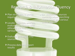 Research & Information Fluency
 Plan strategies to guide
inquiry
 Locate, organize, analyze,
evaluate, synthesize and
ethically use info from
various media
 Evaluate and select info
sources

 Process data and report
results

 Ex: evaluating sources
correctly when searching
the Internet and various
online sources

 