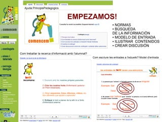 EMPEZAMOS!
         ● NORMAS
         ● BÚSQUEDA

         DE LA INFORMACIÓN
         ● MODELO DE ENTRADA

         ● ILUSTRAR CONTENIDOS

         ● CREAR DISCUSIÓN
 