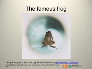 The famous frog

“Frog diamagnetic levitation.jpg” by Lijnis Nelemans via Wikimedia Commons
I gratefully acknowledge funding from, but do not speak for, Jisc and Wikimedia
UK.

17

 