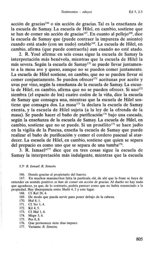 Tescimonios - eduyol Ed 5, 2-3
acción de gracias166 o sin acción de gracias. Tal es la enseñanza de
la escuela de Samay. La escuela de Hilel, en cambio, sostiene que
se han de comer sin acción de gracias167
• En cuanto al pellejo168
, dice
la escuela de Samay que (puede contraer la impureza de asiento)
cuando está atado (con un nudo) estable169
• La escuela de Hilel, en
cambio, afirma (que puede contraerla) aun cuando no esté atado.
2. R. Yosé afirma: en seis cosas sigue la escuela de Samay la
interpretación más benévola, mientras que la escuela de Hilel la
más severa. Según la escuela de Samay170
se puede llevar juntamen-
te a la mesa ave y queso, aunque no se pueden comer juntamente.
La escuela de Hilel sostiene, en cambio, que no se pueden llevar ni
comer conjuntamente. Se pueden ofrecer171
aceitunas por aceite y
uvas por vino, según la enseñanza de la escuela de Samay. La escue-
la de Hilel, en cambio, afirma que no se pueden ofrecer. Si uno172
siembra (el espacio de los) cuatro codos de la viña, dice la escuela
de Samay que consagra una, mientras que la escuela de Hilel sos-
tiene que consagra dos. La masa173
la declara la escuela de Samay
exenta, y la escuela de Hilel sujeta (a la ley de la ofrenda de la
masa). Se puede hacer el baño de purificación174
bajo una cascada,
según la enseñanza de la escuela de Samay. La escuela de Hilel, en
cambio, sostiene que no se puede. Si un prosélito175
se hace judío
en la vigilia de la Pascua, enseña la escuela de Samay que puede
realizar el baño de purificación y comer el cordero pascual al atar-
decer. La escuela de Hilel, en cambio, sostiene que quien se separa
del prepucio es como uno que se separa de una tumba176
•
3. R. Ismael"177 dice que en tres cosas sigue la escuela de
Samay la interpretación más indulgente, mientras que la escuela
5.3' R. Ismael: R. Simeón
166. Dando gracias al propietario del huerto.
167. En muchos manuscritos falta la partícula elá, de ahí que la frase se haya de
entender en sentido positivo: se han de comer sin acción de gracias. Al dueño no hay nada
que agradecer, ya que, de lo contrario, podría parecer como que no había renunciado a la
propiedad. Hay discrepancia entre Shebi 4, 2 y este lugar.
168. Cf. Kel 26, 4.
169. De modo que pueda servir para poner debajo de la cabeza.
170. Hui 8, 1.
171. Cf. Ter 1,4.
172. Kil4, 5.
173. Cf. Hall , 6.
174. Miqw 5, 6.
175. Pes 8, 8.
176. Que permanece siete días impuro.
177. Variante: R. Simeón.
805
 