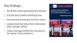 Key findings… 
• the British public appreciated the debates 
• 2/3 said they’d learnt something new 
• they seemed to energise first-time voters 
• people would talk about them afterwards 
(esp. younger voters) 
• media coverage shifted from focusing on 
the ‘game’ to the substance 
 