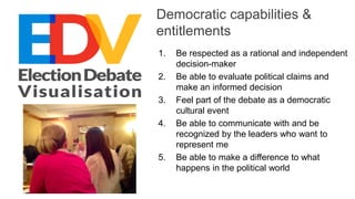 Democratic capabilities & 
entitlements 
1. Be respected as a rational and independent 
decision-maker 
2. Be able to eval...
